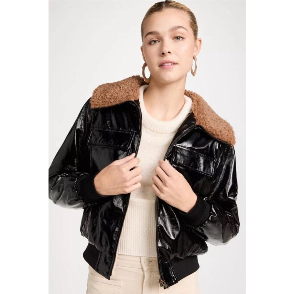MOTHER Faux Leather Pilot Jacket Don’t Crash Faux Fur Bomber Jacket Black Sz XL